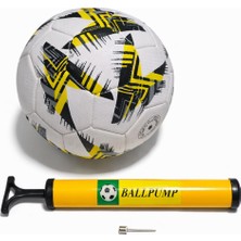 Die Grup Aksu Futbol Topu Dikişli Tpu Deri 5 Numara 380GR 32 Panel ve 23CM Top Şişirme Pompası Set (Sarı-Siyah-Beyaz)