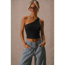 Tarz Cool Kadın Tek Omuz Crop Atlet Esnek Slim Fit Süprem Kumaş Asimetrik Yaka Bluz