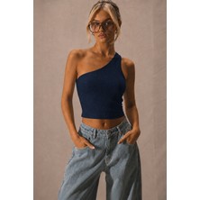 Tarz Cool Kadın Tek Omuz Crop Atlet Esnek Slim Fit Süprem Kumaş Asimetrik Yaka Bluz