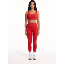 Womenmade Kadın Kırmızı Renk Dikişsiz Spor Büstiyer ve Push Up Toparlayıcı Spor Tayt Takımı