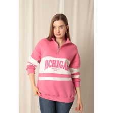 Üç Iplik Michigan Baskılı Fermuarlı Kadın Pembe Sweat