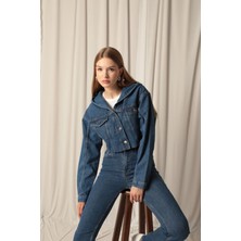 Denim Kumaş Kapüşonlu Kısa Kadın Lacivert Kot Ceket