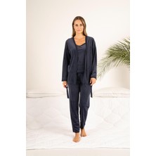 Estiva Kadın Kışlık 3 Parça Sabahlıklı Dantel Detaylı Soft Kadife Pijama Takımı