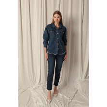 Denim Kumaş Cep Detay Püsküllü Kadın Mavi Kot Ceket