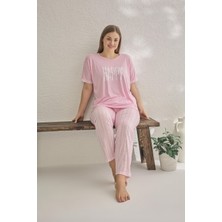 Estiva Kadın Happy Yazılı Kısa Kollu Büyük Beden Yazlık Viskon Pijama Takımı - Pembe