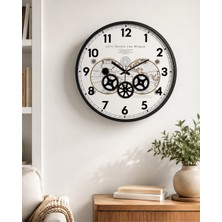 Dünya Haritalı Çarklı Duvar Saati 47 cm Metal Kasa Muyika Hareketli Mekanik Iskelet Sessiz Akar Siyah-Atlas Travel 47
