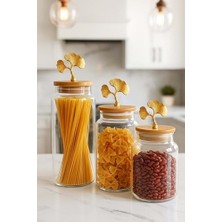 Vera Concept Store 3'lü Bambu Kapaklı Metal Ginkgo Figürlü Şeffaf Cam Kavanoz Şeffaf Cam Saklama Kabı 635/890/1400ML