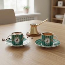 Vera Concept Store Özel Kutulu 2'li Porselen Türk Kahvesi Fincan Takımı - Kuş ve Kelebek Desenli Kırmızı/yeşil Renk Seçenekli Hediyelik Fincan 90 ve 100CC Seçenekli (Yeşil, 90CC, Kuş)