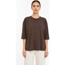 Tenra Kadın Oversize Basic Tişört Rahat Kesim Yarım Kol Bisiklet Yaka