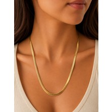 İdilce Gold Renk Italyan Ezme Zincir Kadın Kolye – Yassı Parlak Snake Model