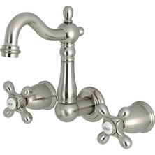 Esranın Dünyası Kingston Brass KS1228AX Heritage 20,32 cm Merkez Duvara Monte Gemi Lavabo Musluğu, Saten Nikel, 10,16 cm Ağız Erişiminde