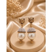 Ascera Kaplan Figürlü Vintage Inci Sallantılı Gold Küpe | Paslanmaz Çelik Kadın Küpe | Özel Kutulu