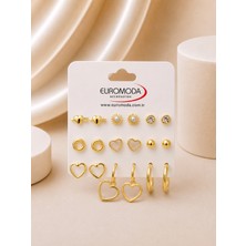Euromoda Gold Halka Kalp Figürlü 9'lu Küpe Seti