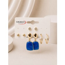 Euromoda Gold  Mavi Mineli 4'lü Küpe Seti