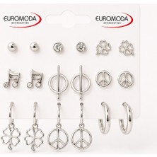 Euromoda Barış Detaylı Gümüş Renk 9'lu Küpe Seti