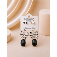 Euromoda Fiyonk Oval Detaylı Büyük Siyah Kristal Taşlı 3'lü Sallantılı Küpe Seti