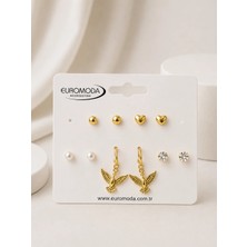 Euromoda Kuş Kalp Detaylı Gold Renk 5''li Küpe Seti
