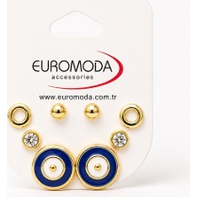 Euromoda Mavi Yuvarlak Gold Renk 4'lü Küpe Seti