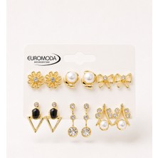 Euromoda Gold Renk Çiçek Papyon Figürlü 6'lı Küpe Seti