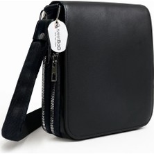 Westbag Hakiki Deri Siyah Unisex Çift Fermuarlı Uzun Askılı Omuz ve Çapraz Postacı Çantası Orta Boy