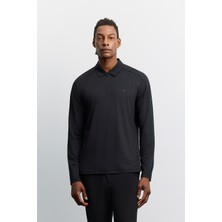 AVVA Erkek Siyah Polo Yaka Düğmeli Teknik Kumaş Uzun Kol Basic Regular Fit T-Shirt A62Y1015