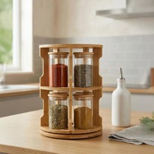 Deconox Doğal Bambu 360° Döner Standlı 10'lu Cam Baharatlık Seti - Büyük Boy (250 Ml) Ahşap