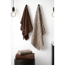 4 Parça Lüks Banyo Havlu Seti Leopar Desenli 2 Adet 70X140CM 2 Adet 50X90CM Kahve Kombin, 4lu-Leop