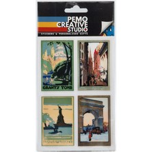 Pemo Creative Studio Vintage Poster UV DTF Sticker Etiket Seti 4 Parça Şehir Etüdü - Kabartmalı 3D, Suya Dayanıklı - Laptop Termos Defter