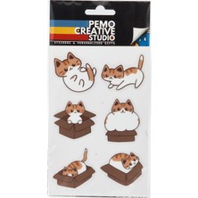 Pemo Creative Studio Kedi UV DTF Sticker Etiket Seti 6 Parça Dolap Üstü - Kabartmalı 3D, Suya Dayanıklı - Laptop Termos Defter