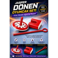 Jasper Kırmızı Beyaz Renkli Dönen Topaç Oyuncak Seti – Çekmeli Dişli Mekanizma, 3 Parça Eğlenceli Çocuk Oyu