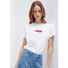 Mavi Kırmızı Miav Baskılı Beyaz Tişört 1610622-86417