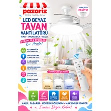 Pazariz LED Beyaz Akıllı Tavan Vantilatörü | Katlanabilir Gizli Kanat, 3 Hız, 3 Renk Led, 3000K-8000K, Sessiz Çalışma, Uzaktan Kumanda, Zamanlayıcı, 35W, 25 cm Modern Tasarım + Tavan Duyu Hediye