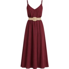 Laluvia Bordo Hasır Kemerli Elbise - 2Y3303