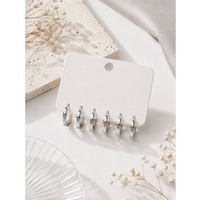 Serelya Gümüş Renk Pirinç Zirkon Taşlı Halka Model 6'lı Kadın Küpe Seti