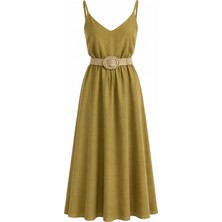 Laluvia Olive Hasır Kemerli Elbise - 2Y3303