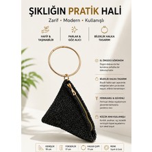 Holistic Siyah El Örgüsü Kadın Bileklik Çanta Gold Halka Saplı Fermuarlı Mini El Çantası Şık Davet Çantası