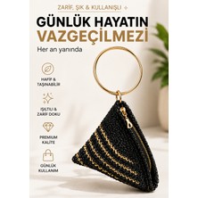 Holistic Siyah Çizgili El Örgüsü Kadın Bileklik Çanta Gold Halka Saplı Fermuarlı Mini El Çantası Şık Davet Çantası