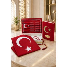 İhvan Online Türk Bayraklı Kadife Kuran Seti Kişiye Özel Isimli Kutulu Tesbihli ve Bayraklı