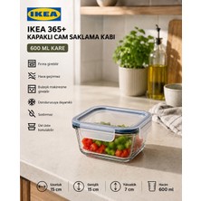 IKEA Trev Saklama Kabı Cam 600 ml Kare Vakumlu Sızdırmaz Hava Geçirmez Plastik Kapaklı Şeffaf Gıda Saklama 15X15X7 cm