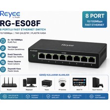 Reyee RG-ES08F 8 Portlu, 10/100 Fast Ethernet, Tak Çalıştır Swıtch, Plastik Kasa