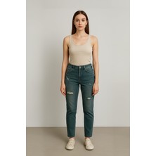 Blue White Kadın Yırtık Deyaylı Likralı Jean Pantolon Haki