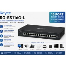 Reyee RG-ES116G-L 16 Portlu, 10/100/1000 Gıgabıt, Tak Çalıştır, Çelik Kasa
