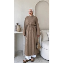 RFK Butik Kadın Seyyar Kemerli Kraş Yırtmaç Detaylı Tunik Boy Bluz - Sütlü Kahverengi