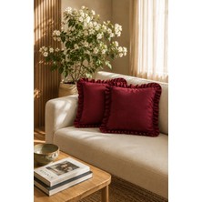 YUNUSOĞLU HOME 2’li Bordo Fırfırlı Dekoratif Kırlent Kılıfı %100 Pamuk 45X45 cm
