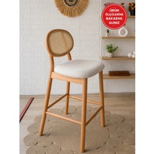 Silla Oslo Bar Sandalyesi Teddy Krem Kumaş Hasırlı Naturel Ahşap Ada Sandalye