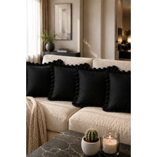 YUNUSOĞLU HOME 4’lü Siyah Fırfırlı Dekoratif Kırlent Kılıfı %100 Pamuk 45X45 cm
