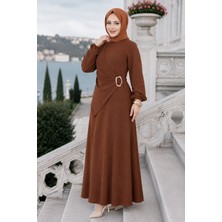 Hafsa Mina Yandan Tokalı Ayrobin Elbise Kahverengi HM2914