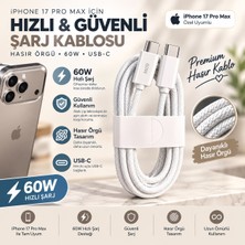 İzel Aksesuar 60W Hızlı Şarj Özellikli Iphone 17 Serisi Uyumlu Hasır Type-C To Type-C Şarj Kablosu (Iğne Hediyeli)