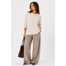 Vadon 1039 Kadın Salaş Yumuşak Dokulu Oversize Basic Triko Kazak Bej