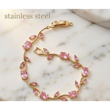 Stainless Steel Gold Renk Pembe Zirkon Taşlı Lale Çelik Bileklik